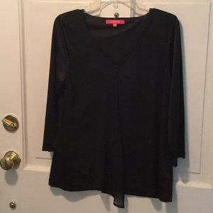 Black satiny top with gauzy overlay.